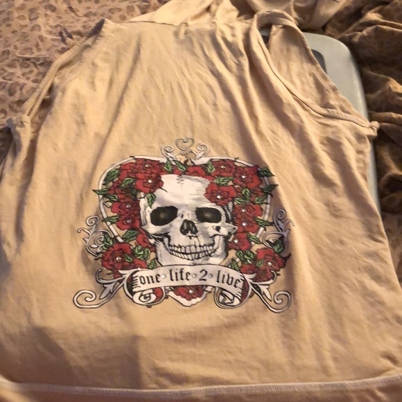 One Life size XL tan tee mock wrap sleeveless hooded tee shirt - Picture 10 of 10